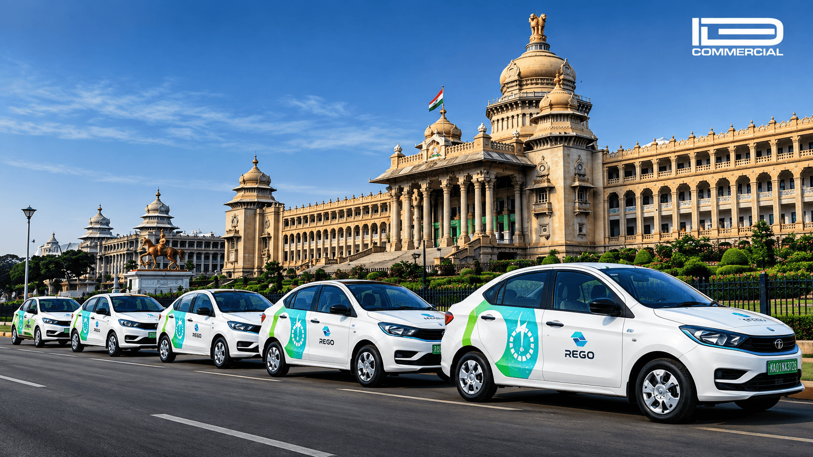 A fleet of REGO-branded vehicles with IDE Commercial graphics, lined up in a row