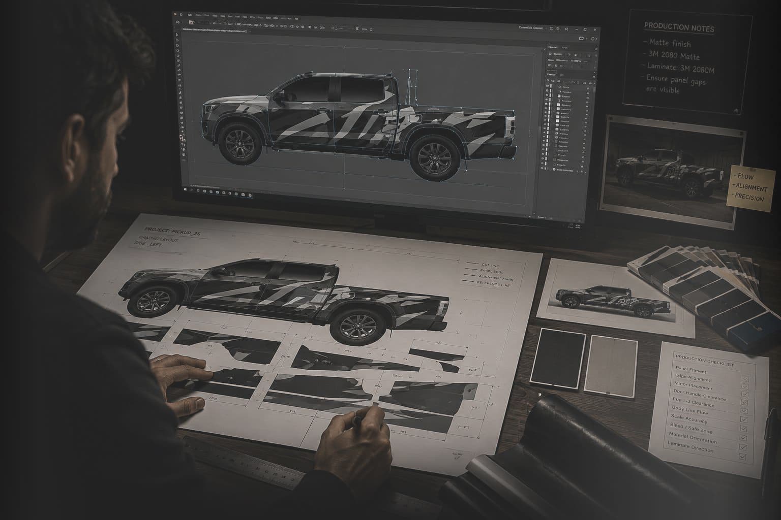 A panel-cut graphic layout with cut lines, alignment marks and production notes, prepared for production