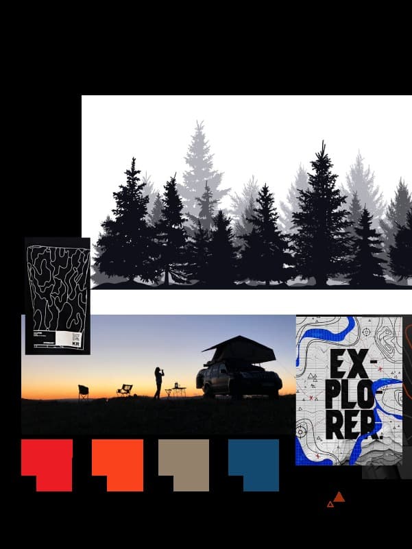 An IDE graphic development mood board — theme references, colour swatches and tracing overlays for a vehicle graphic concept