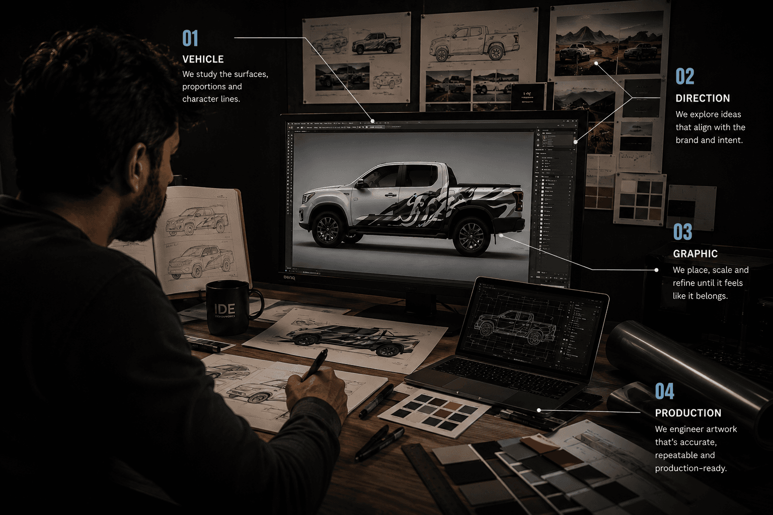 An IDE designer developing a vehicle graphic — surrounded by reference sketches, a mood board, a CAD wireframe and material swatches, annotated: 01 Vehicle, 02 Direction, 03 Graphic, 04 Production