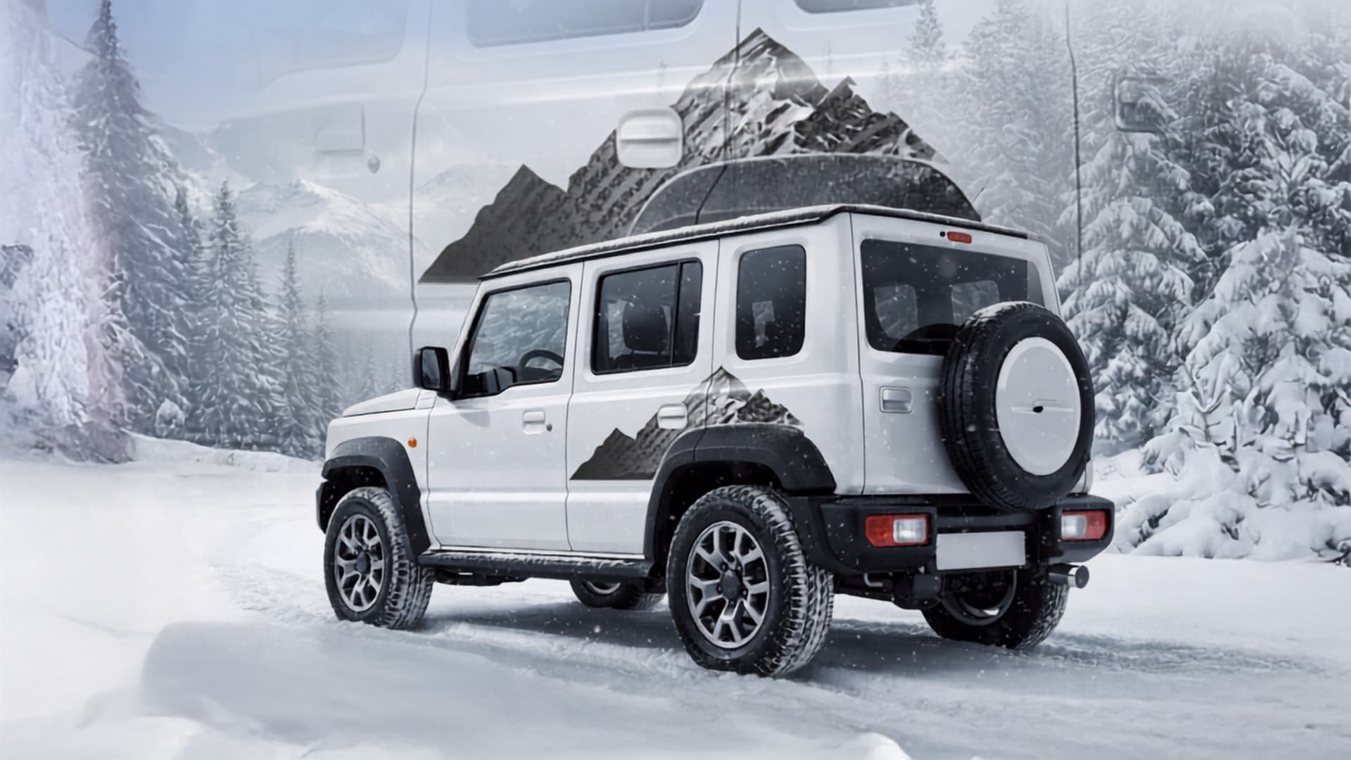 Suzuki Jimny with an IDE Graphics Series Adventure Edition mountain decal in the snow