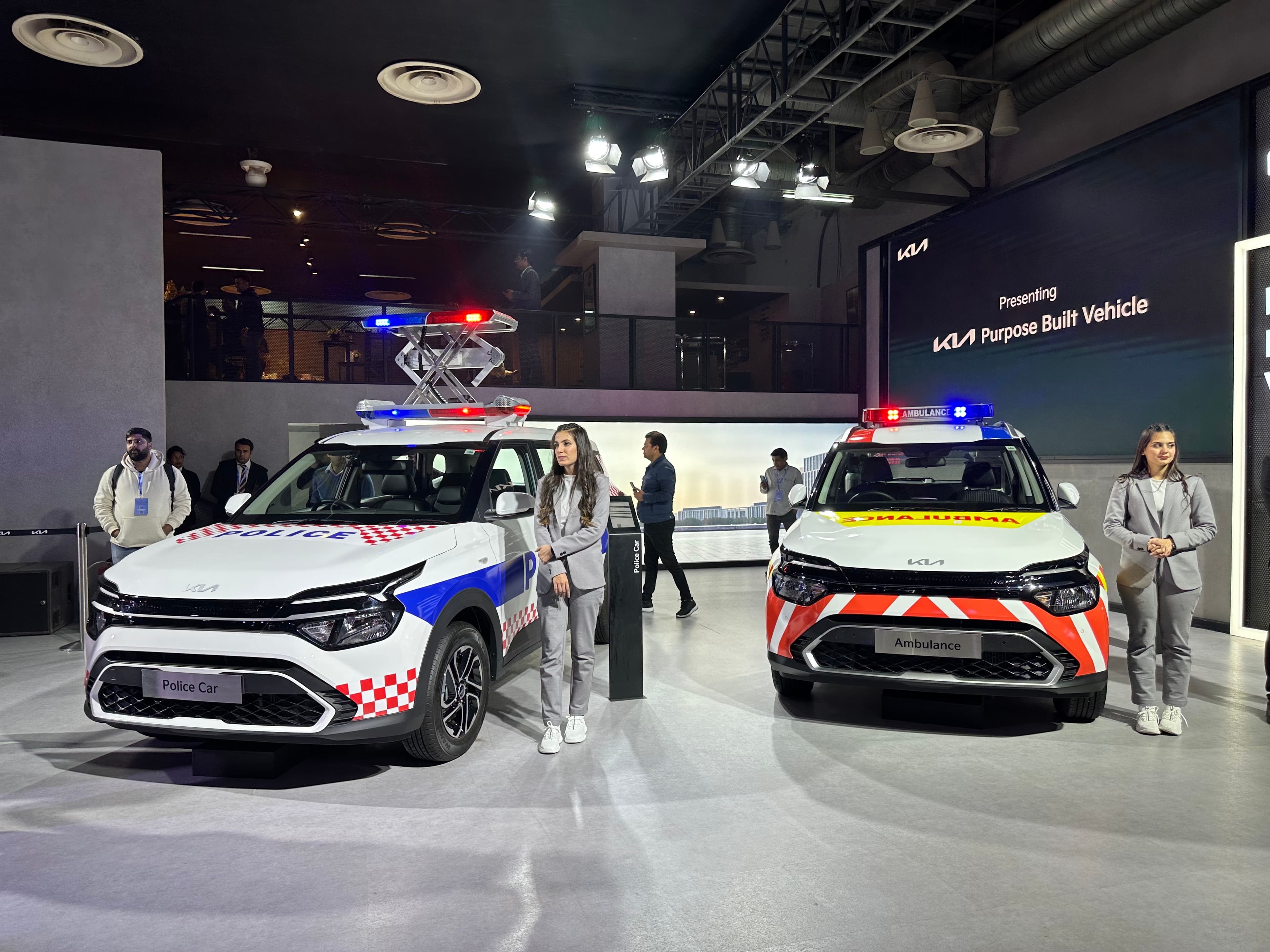 Kia Carens Police Car and Ambulance purpose-built concepts on display at Auto Expo 2023