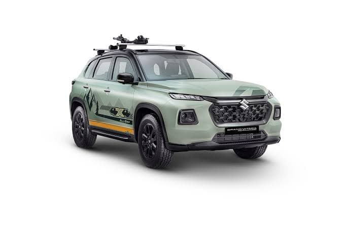 Maruti Suzuki Grand Vitara Adventure Edition in matte military green with '4X4' door graphics, at Auto Expo 2025