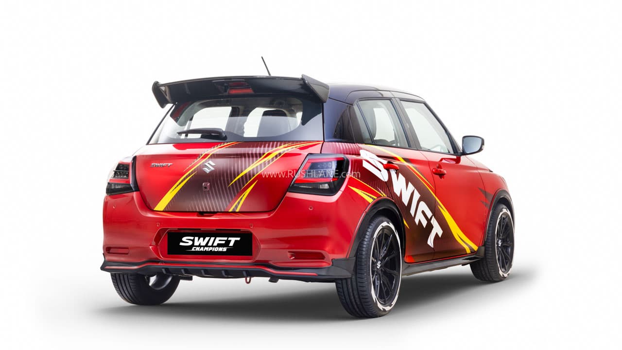 Maruti Suzuki Swift Champions Concept in red and black with racing decals, at Auto Expo 2025