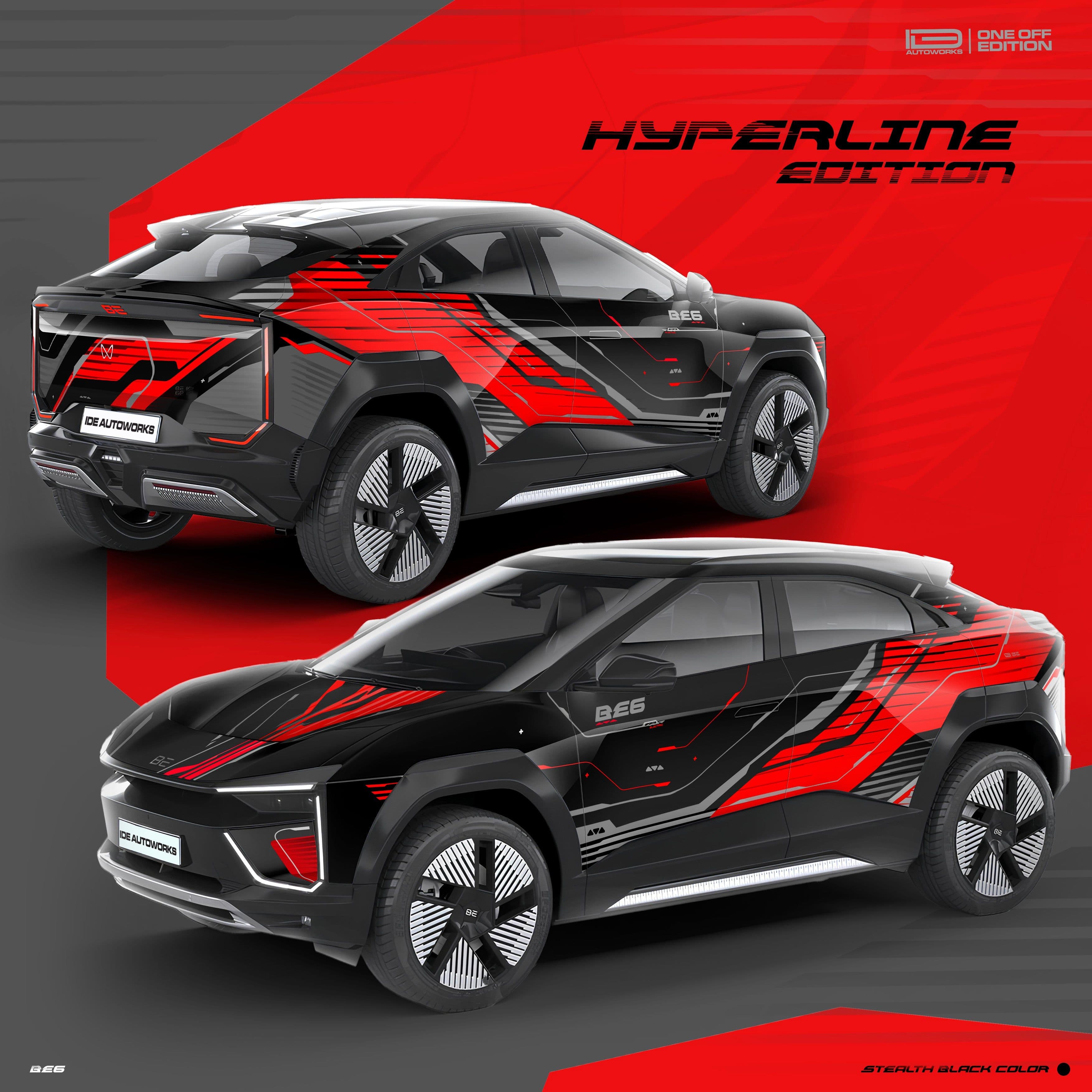 Mahindra BE6 with a black and red IDE One Off Edition Hyperline graphic wrap