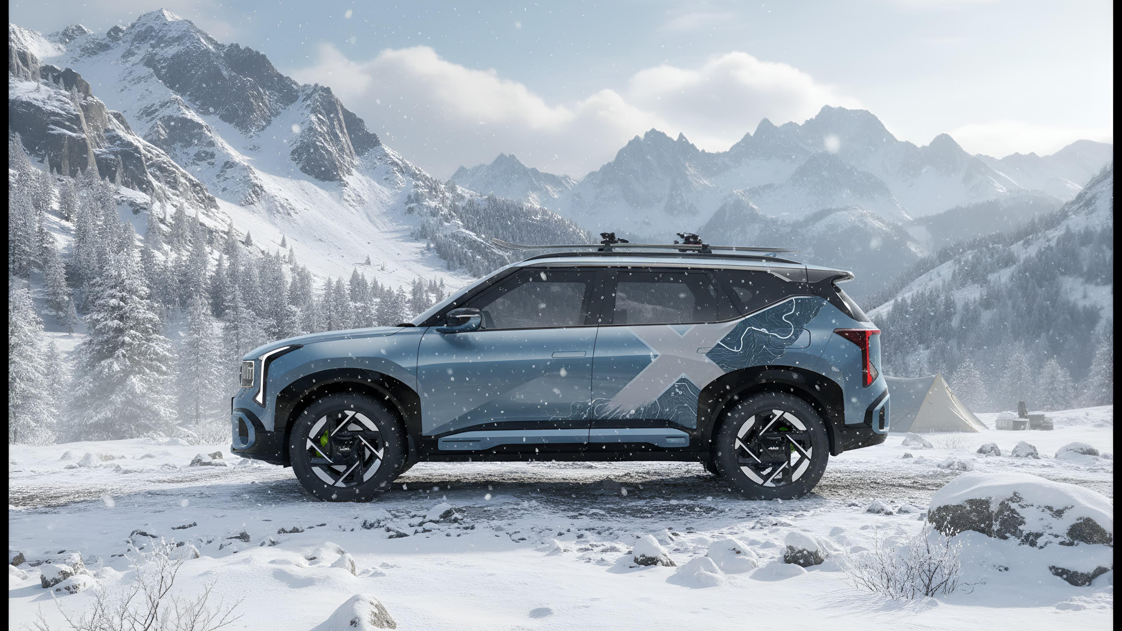 Kia Seltos with a bold IDE Partial X Series graphic in a snowy mountain setting