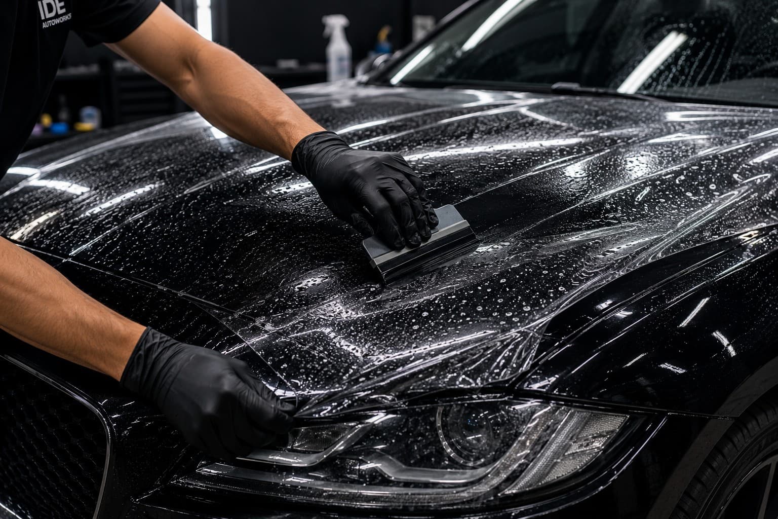 Technician using a squeegee to apply paint protection film across a car's bonnet and headlight