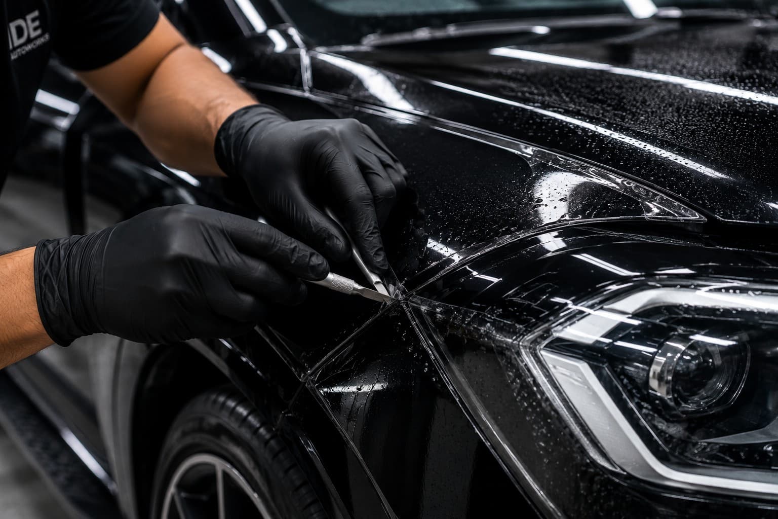 Technician trimming paint protection film precisely along a car's headlight edge