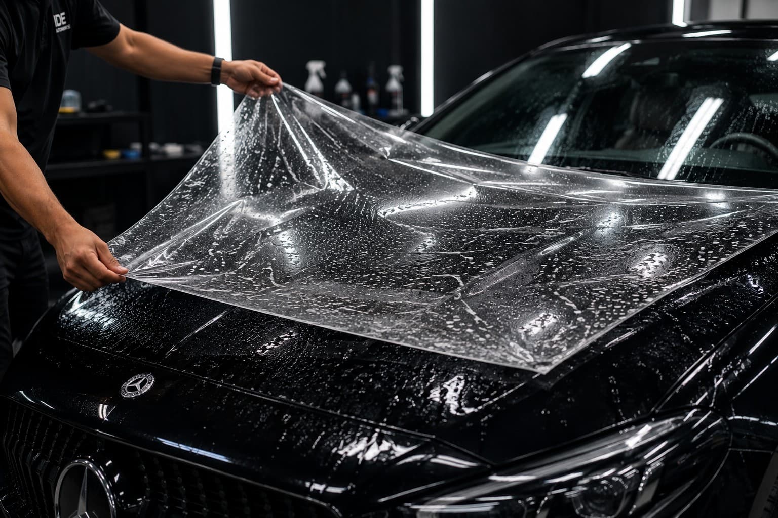 Technician positioning paint protection film over a car's bonnet before application