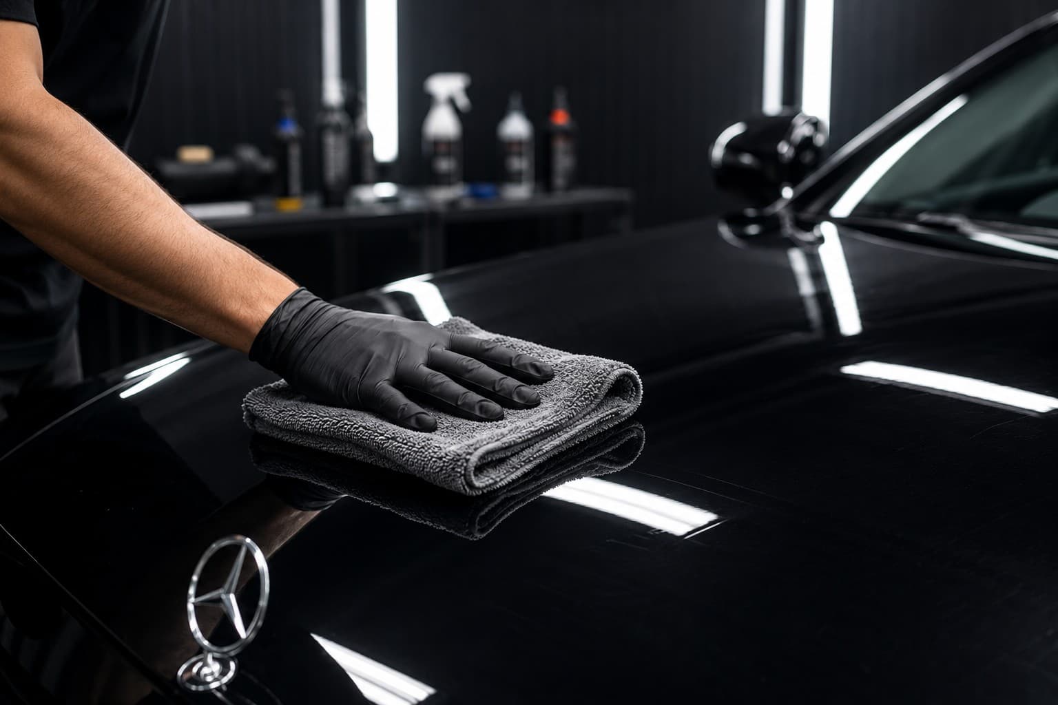 Technician wiping down a car's paintwork with a microfiber cloth before PPF installation