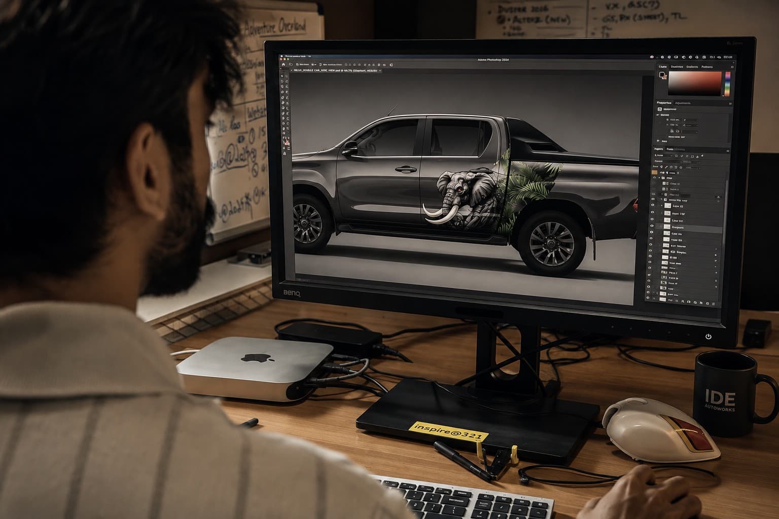 A designer developing a custom vehicle graphic in Photoshop