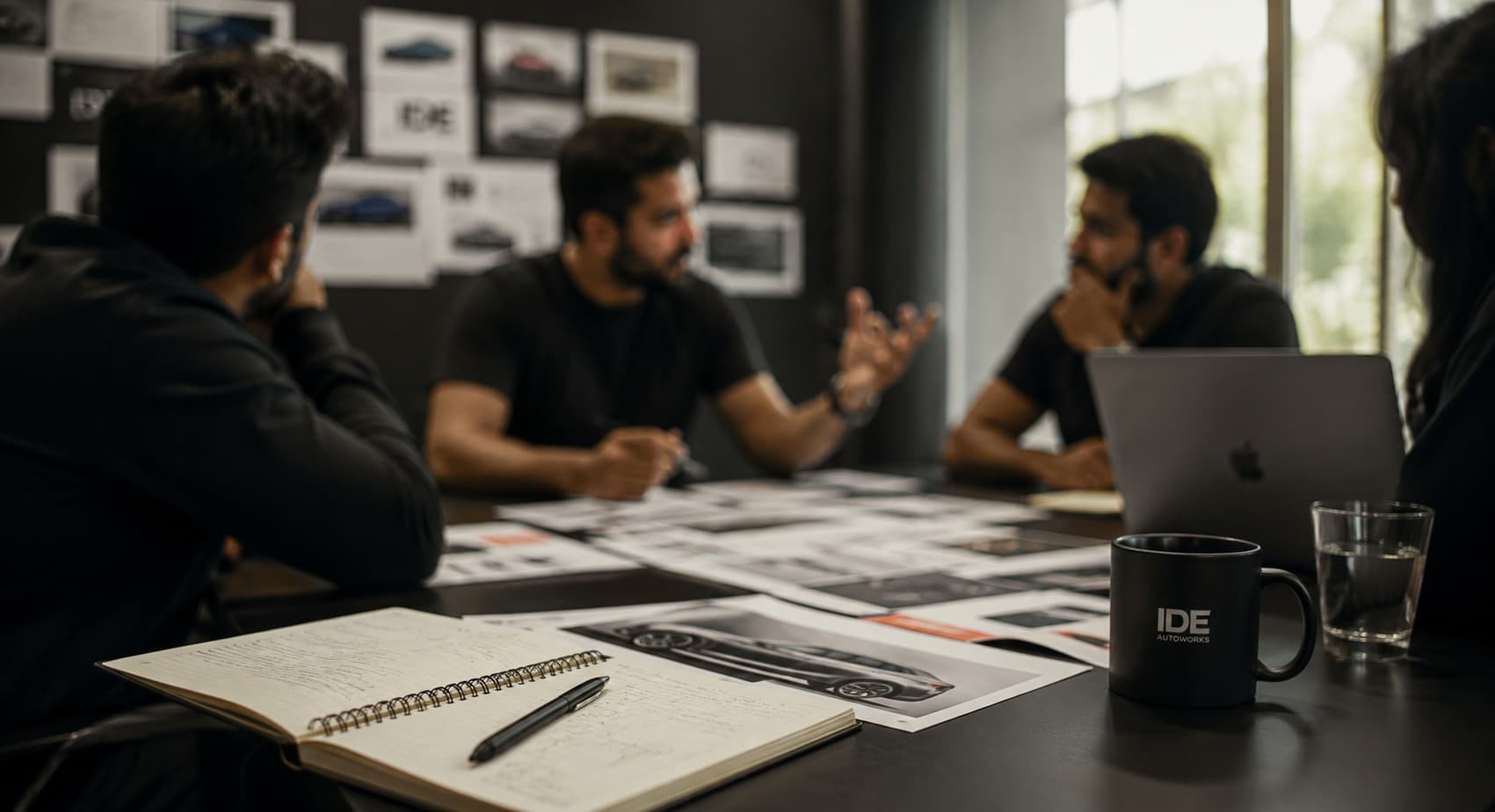 The IDE team reviewing sketches and reference material before a project moves into production